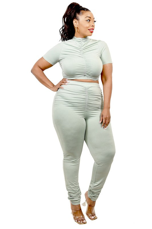 Shirred Curve Mock Neck 2PC Set