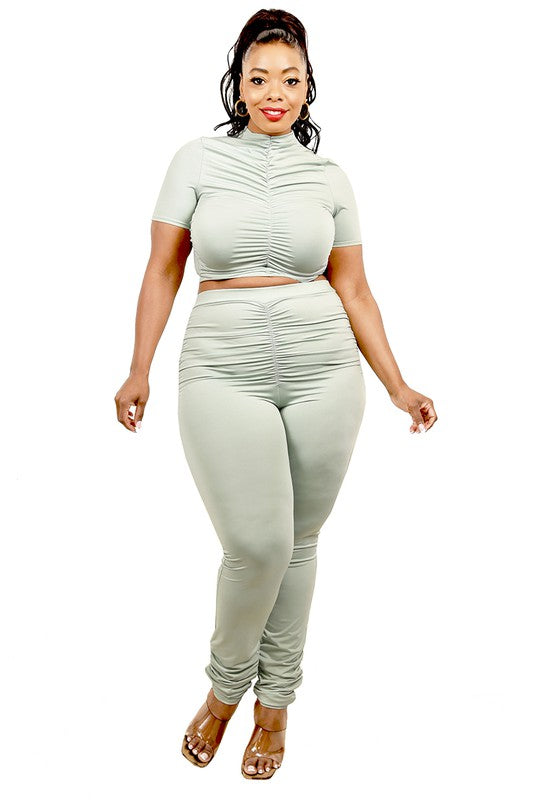 Shirred Curve Mock Neck 2PC Set
