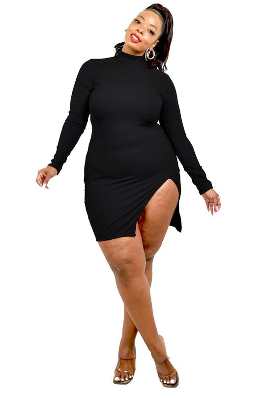 Solid Long Sleeve Split Mini Dress