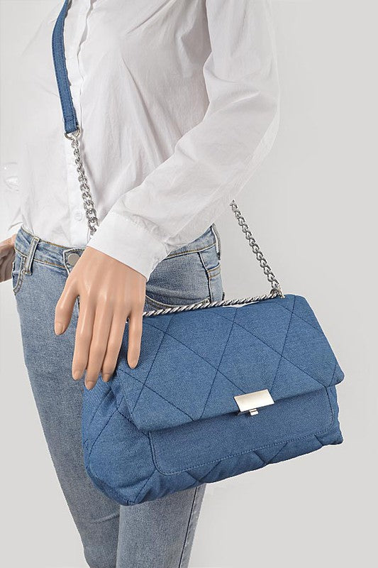 Quilted Denim Chain Crossbody Bag