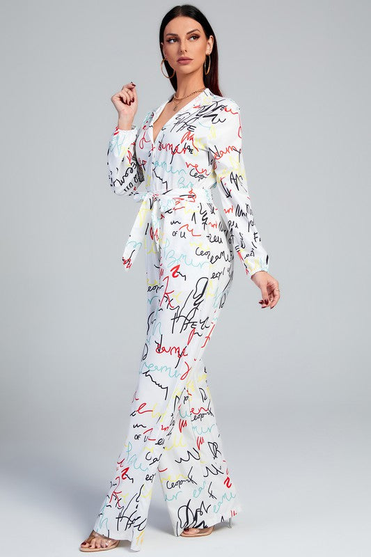 Script Belted Jumpsuit