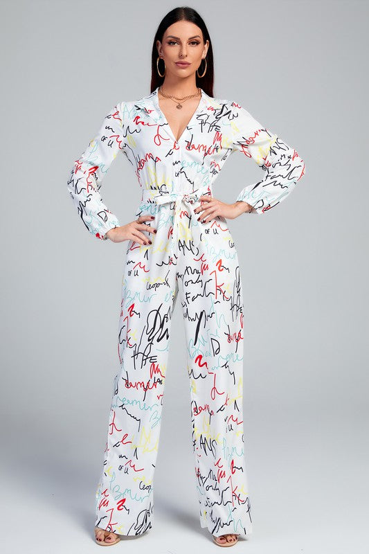 Script Belted Jumpsuit
