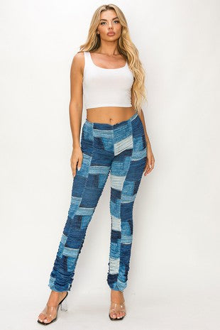 Faux Denim Patchwork Shirred Leggings