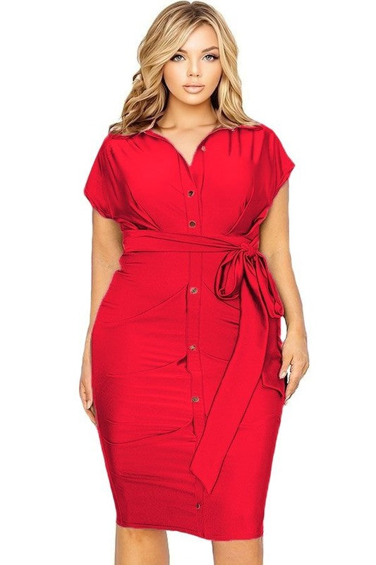 Solid Belted Curve Knee Length Dress
