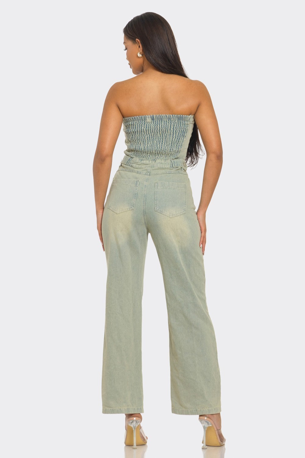 Distressed Strapless Denim Jumpsuit
