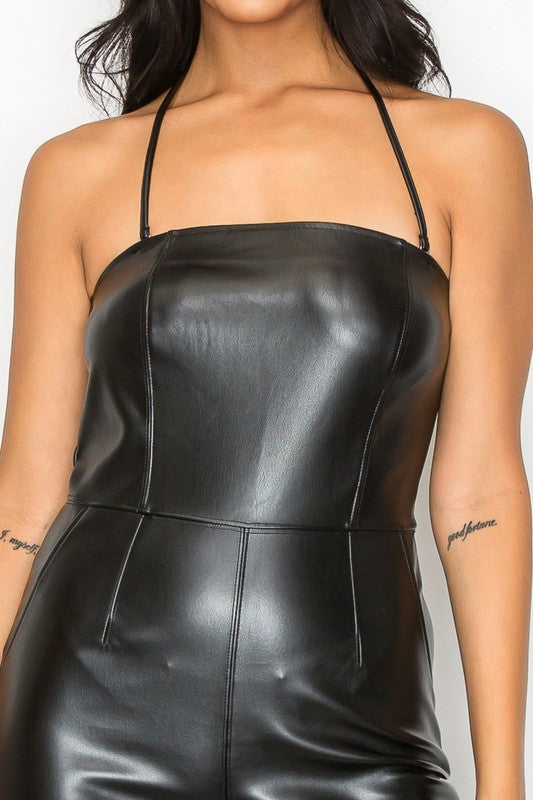 Faux Leather Halter/Tube Jumpsuit