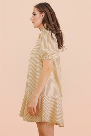 Stripe Puff Sleeve Shirt Mini Dress