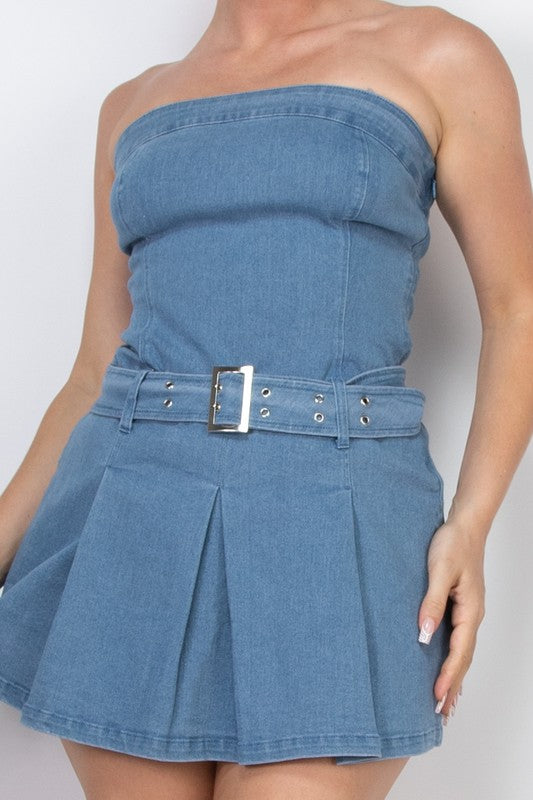 Pleated Denim Belted Tube Dress