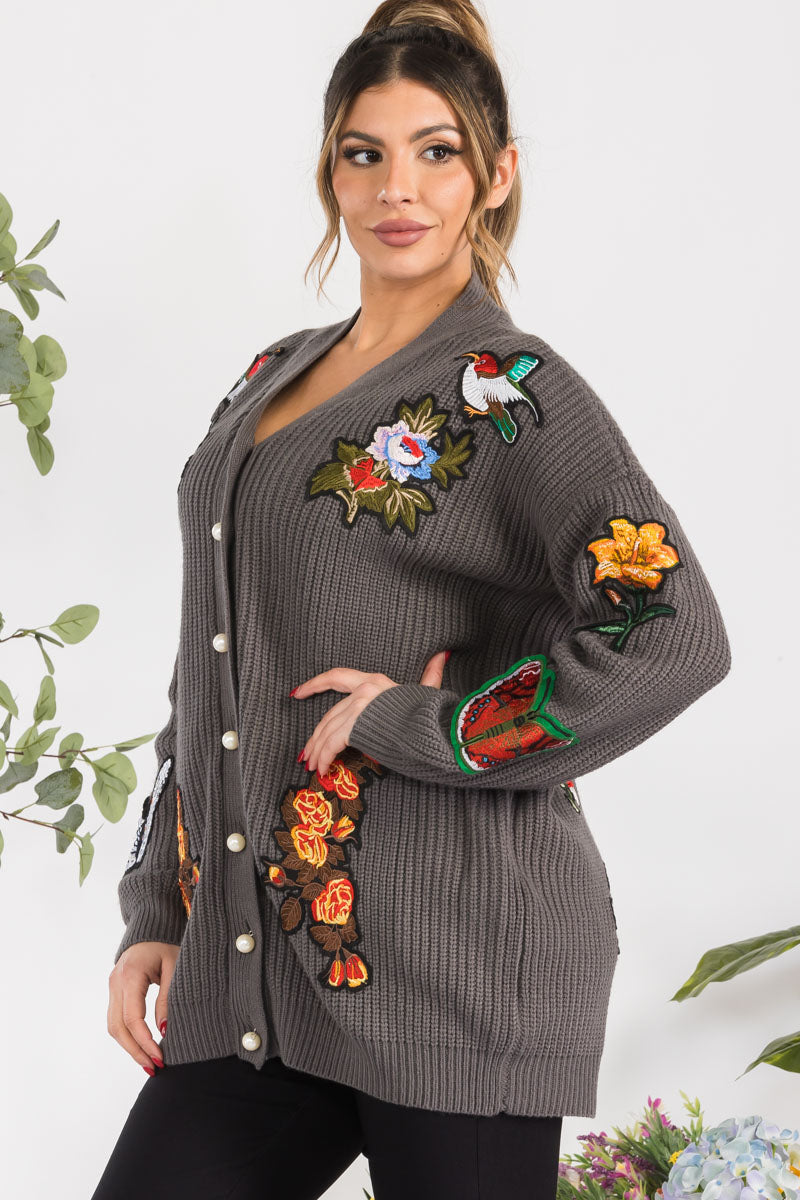 Button Down Patch Knit Cardigan
