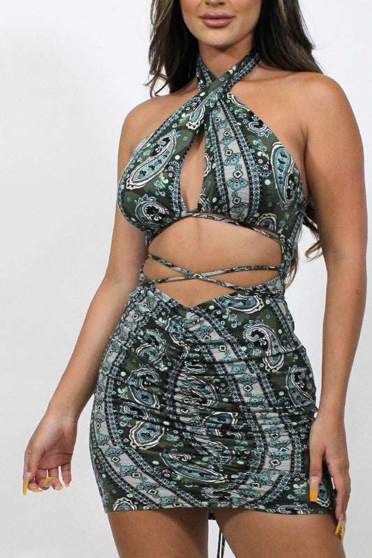 Paisley Print Cutout Mini Dress