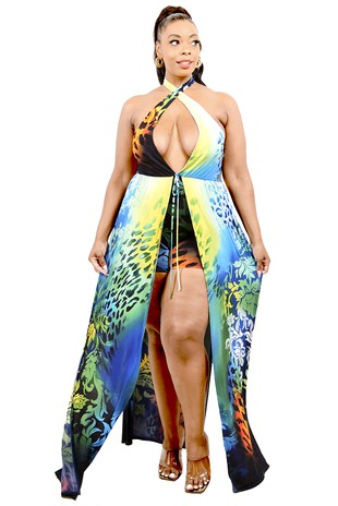 Wild Curve Print Halter Maxi Romper