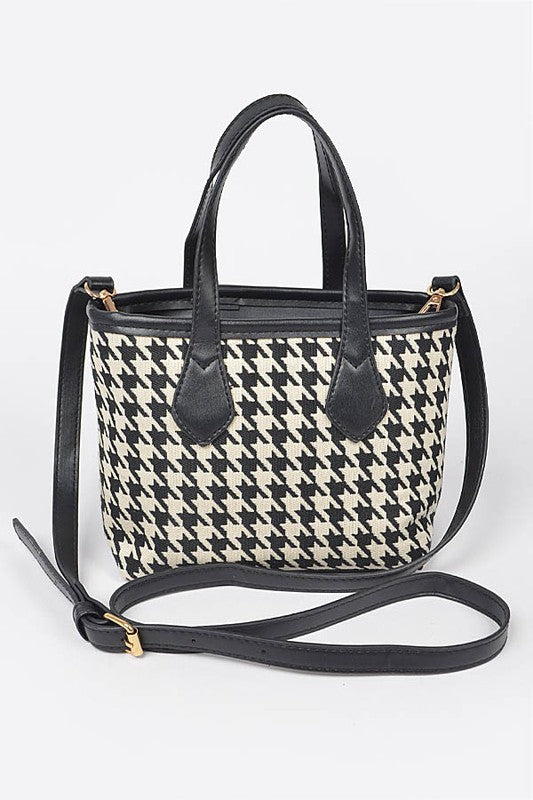 Houndstooth Tweed Tote/Crossbody Handbag