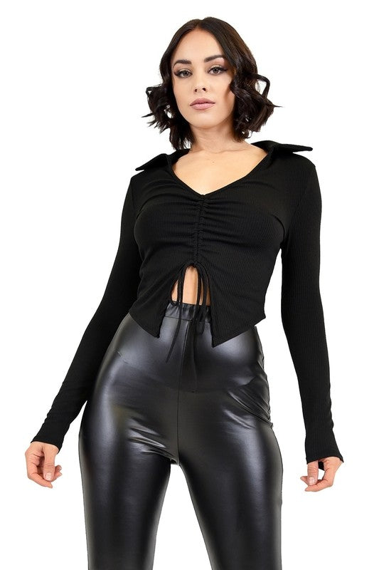 Ribbed Long Sleeve Drawstring Front Top