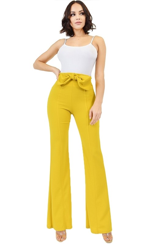 Solid Tie Belt Flare Leg Pants