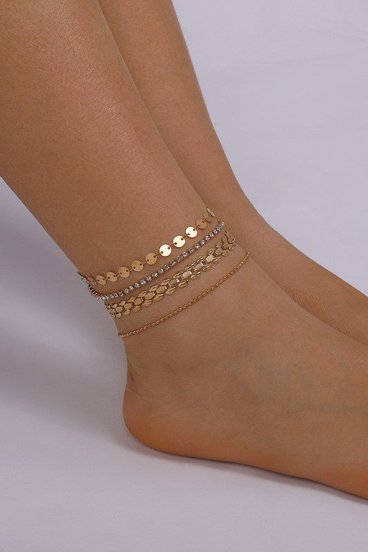4PC Rhinestone Metal Anklet