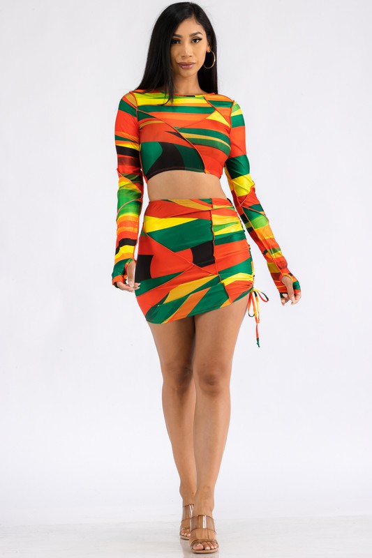 Multi Print 2PC Ruched Skirt Set