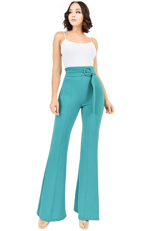 Solid O-Belt Flare Leg Pants