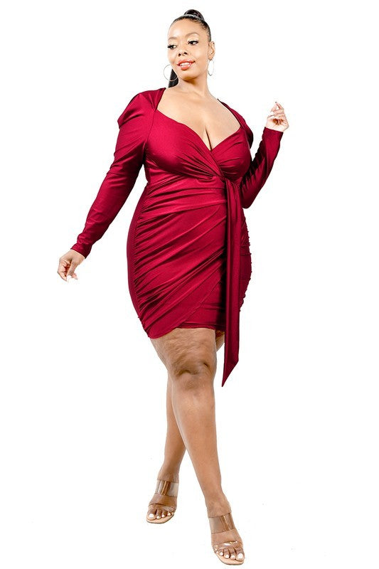 Satin Long Sleeve Belted Mini Dress