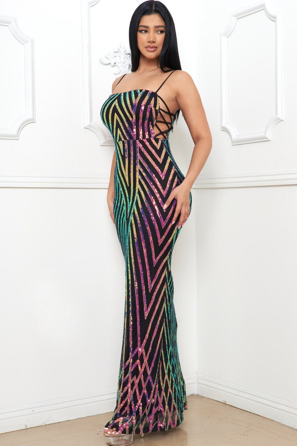 Chevron Sequin Maxi Dress