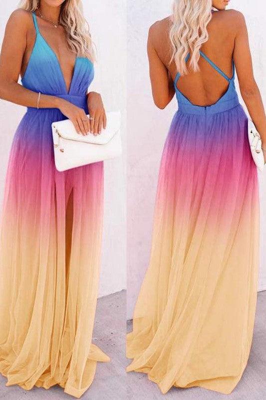 Color Block Criss Back Maxi Dress