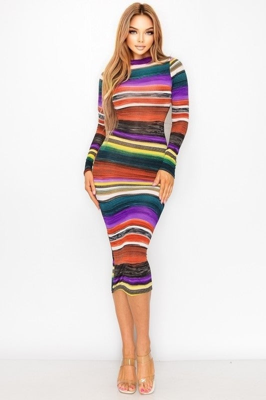 Mock Neck Brush Stripe Midi Dress