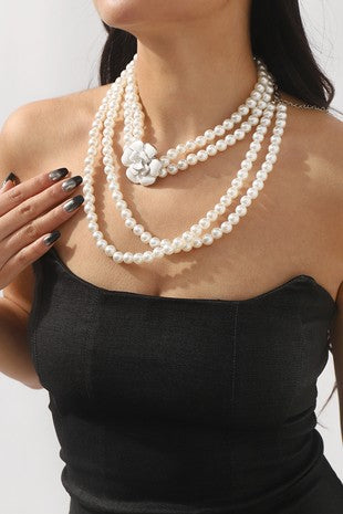 Long Layered Pearl Camellia Flower Necklace