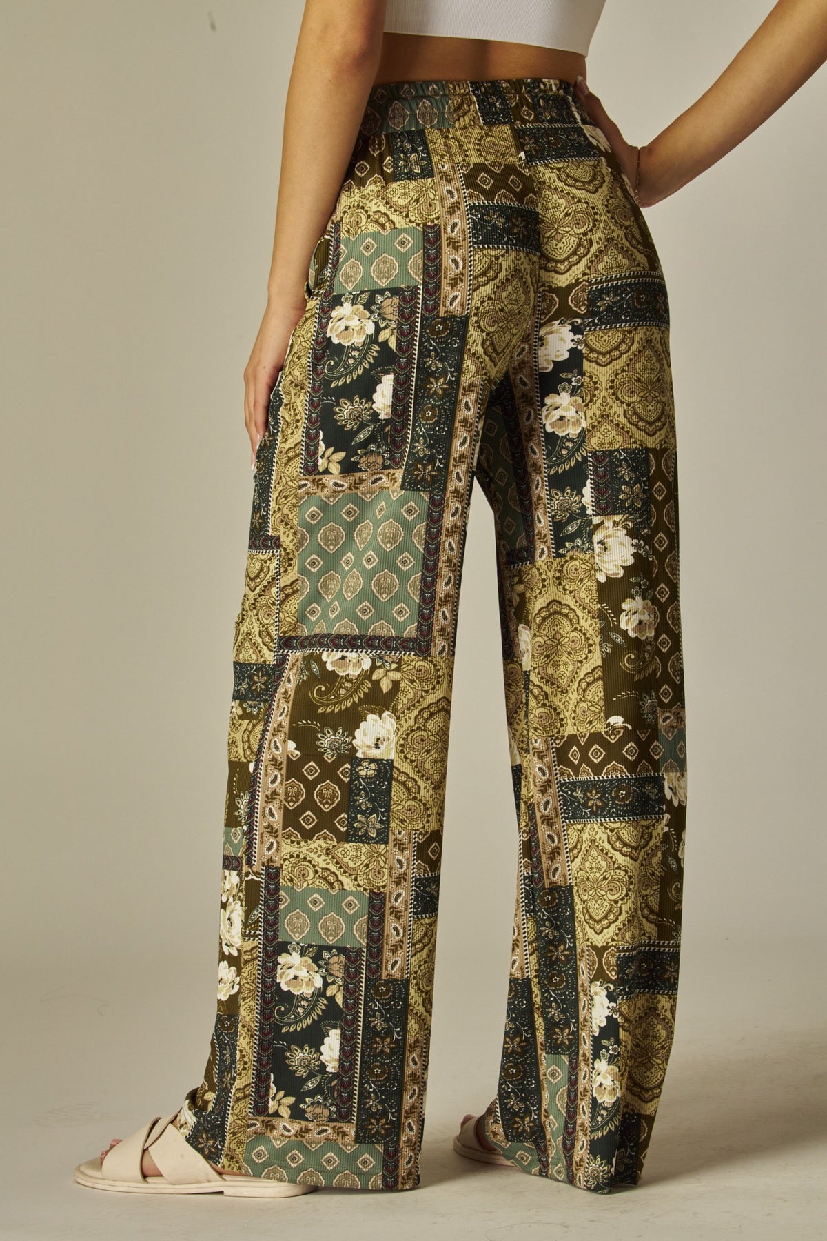 Ribbed Drawstring Pocket Wide Leg Pants