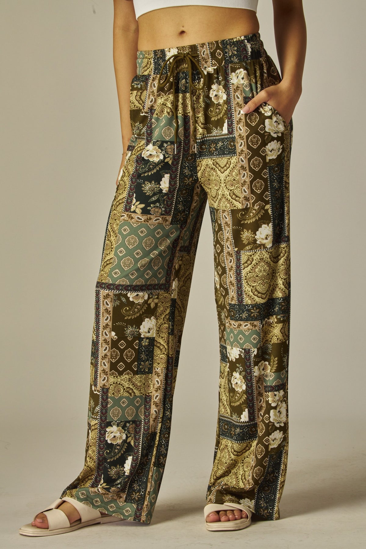 Ribbed Drawstring Pocket Wide Leg Pants