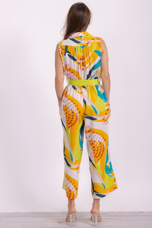 Abstract V-Neck Belted Jumpsuit