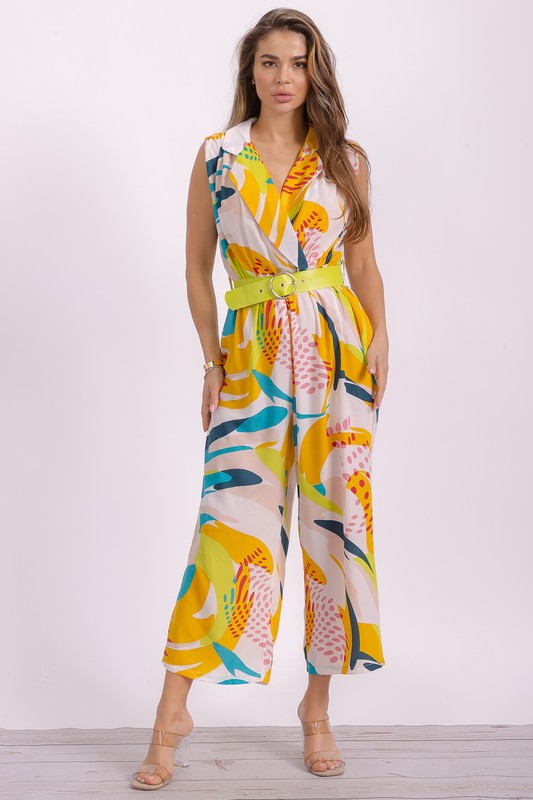 Abstract V-Neck Belted Jumpsuit