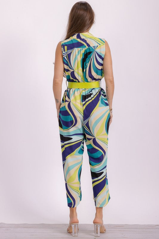 Abstract V-Neck Belted Jumpsuit