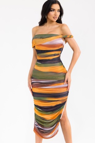 Multi Ruched Off Shoulder Midi Dress