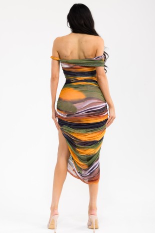 Multi Ruched Off Shoulder Midi Dress