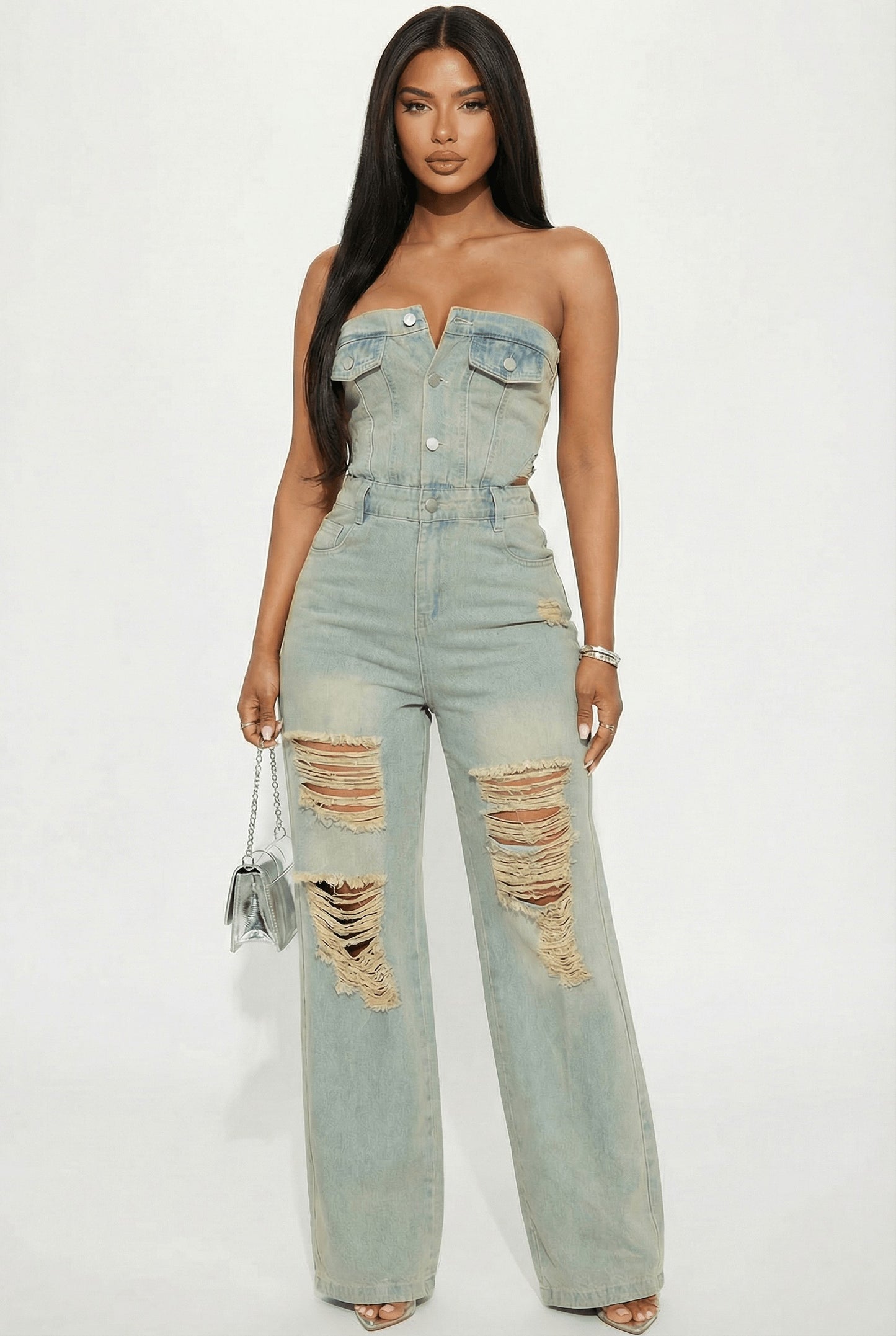 Distressed Strapless Denim Jumpsuit