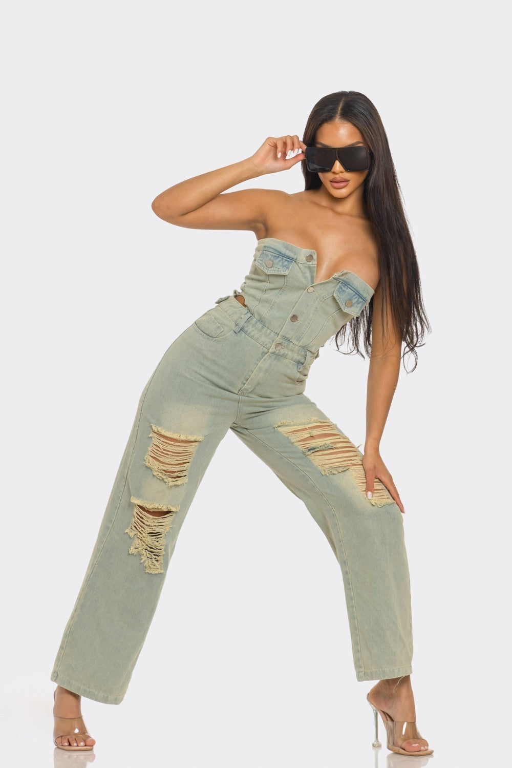 Distressed Strapless Denim Jumpsuit