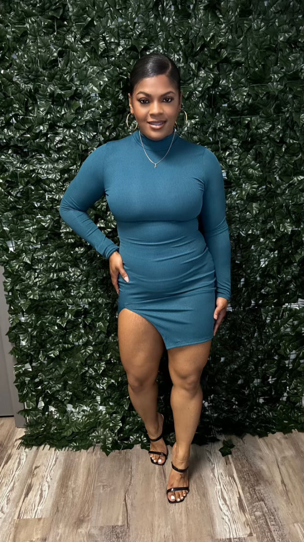Solid Long Sleeve Split Mini Dress