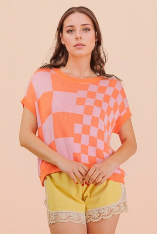 Dolman Sleeve Checkered Sweater Top