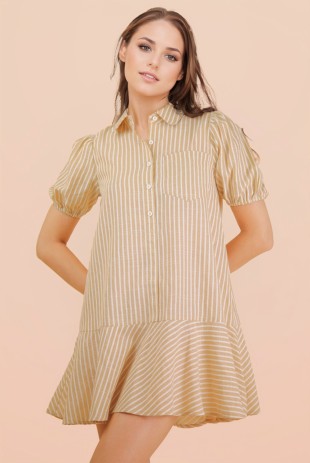Stripe Puff Sleeve Shirt Mini Dress