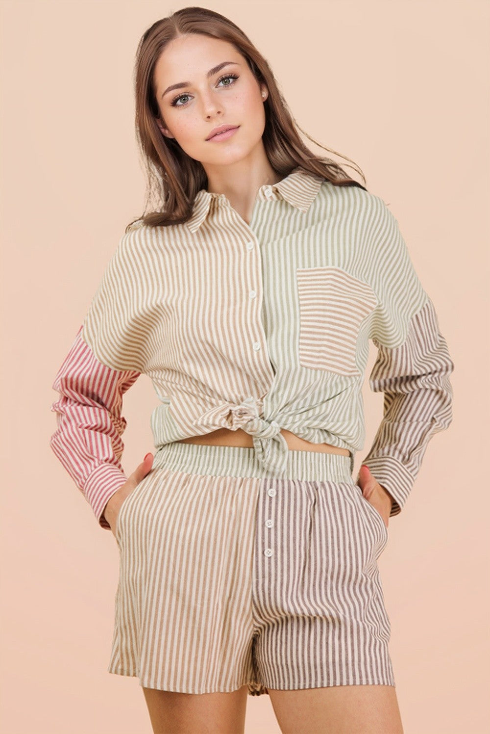 Stripe Color Block Short Set