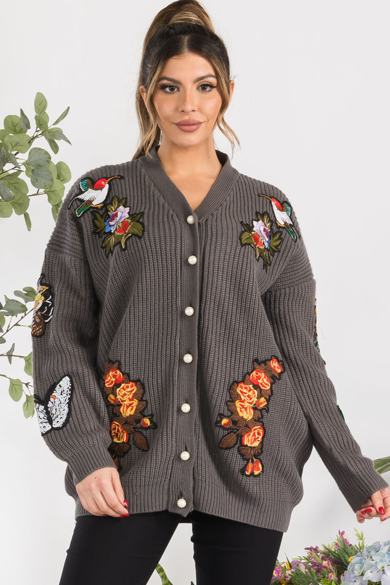 Button Down Patch Knit Cardigan
