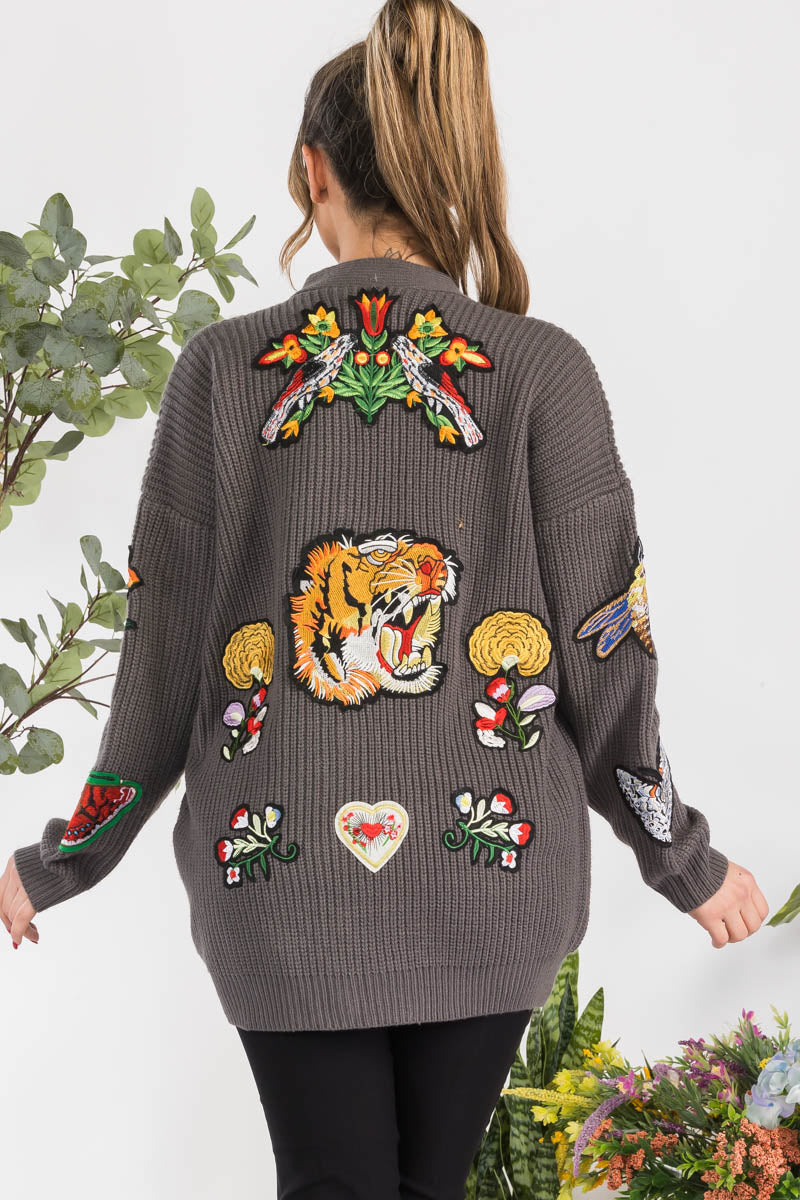 Button Down Patch Knit Cardigan